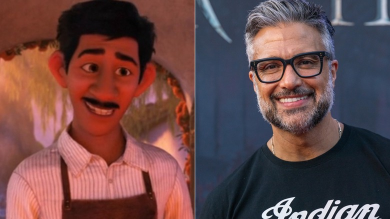 Side-by-side photos of Papá Enrique smiling awkwardly in "Coco" and Jaime Camil smiling at Halloween Horror Nights