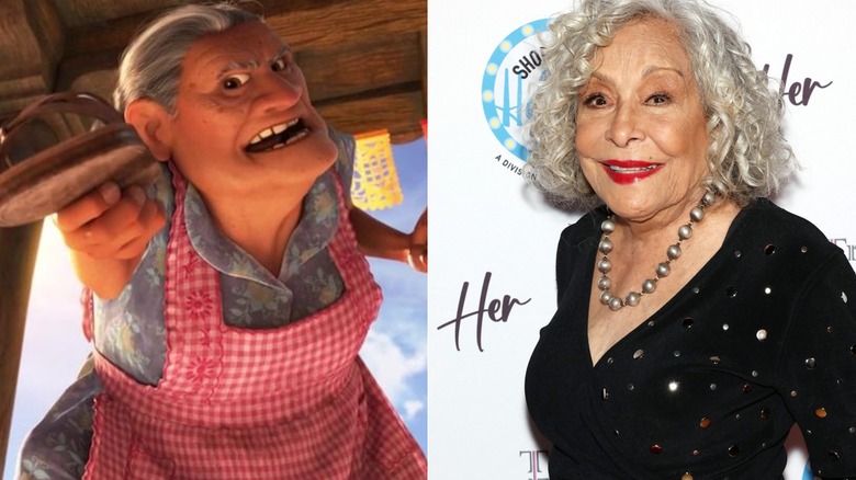 Side-by-side of Abuelita Elena holding a shoe in "Coco" and Renée Victor at the Her Choices trailer release