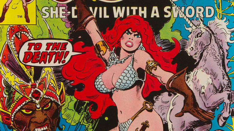 Red Sonja battles her enemies