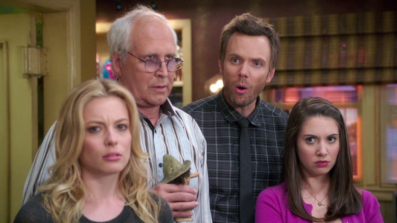 Britta, Pierce, Jeff, and Annie in "Remedial Chaos Theory"