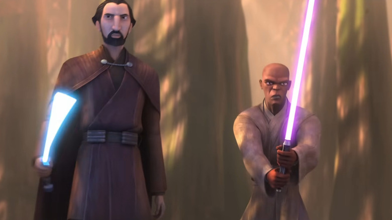Count Dooku and Mace Windu holding lightsabers
