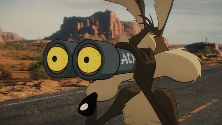 Wile E. Coyote looking for binoculars in Coyote vs. Acme