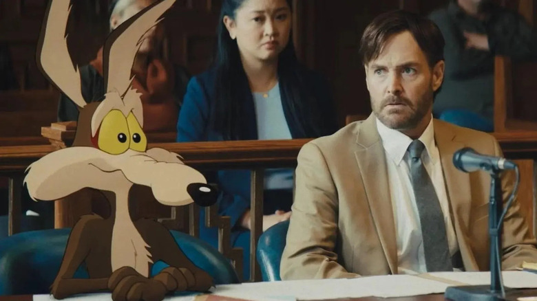Wile E. Coyote and Kevin Avery in a courtroom in Coyote vs. Acme