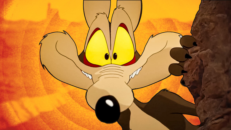 Wile E. Coyote grinning from behind a rock in front of orange background