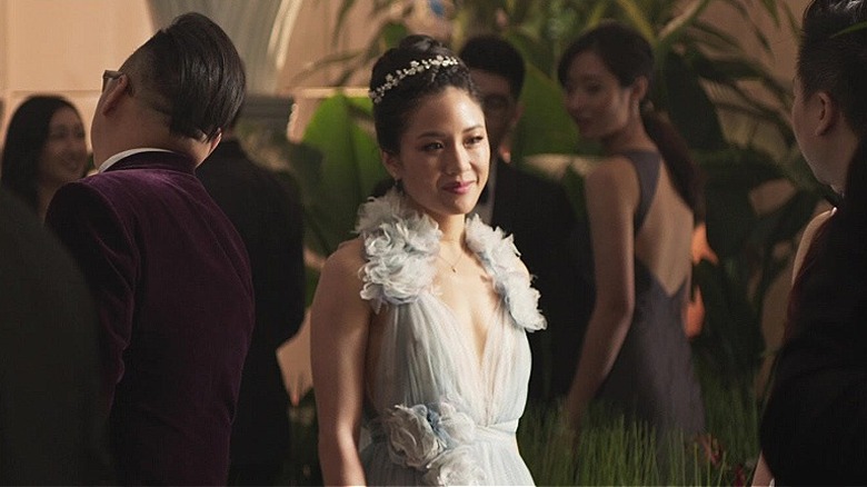 Rachel arriving at Araminta's wedding in "Crazy Rich Asians"