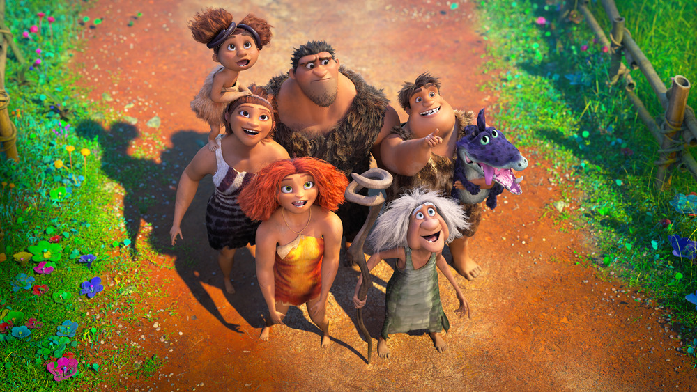 Thunk Crood (Clark Duke), Gran (Cloris Leachman), Eep Crood (Emma Stone) and Ugga Crood (Catherine Keener) in DreamWorks Animation's The Croods: A New Age, directed by Joel Crawford.