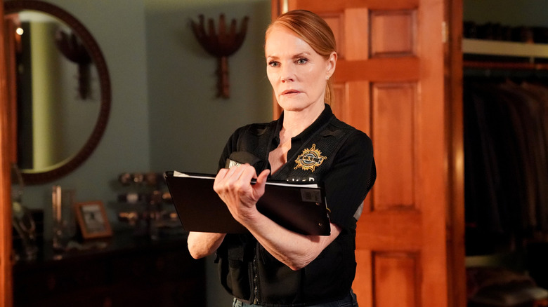 Marg Helgenberger looking serious as Catherine Willows in CSI: Vegas