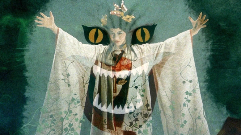 Overlay of Gorgeous in a kimono and the cat painting from House