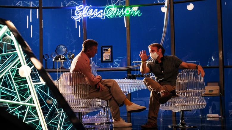 Daniel Craig and Rian Johnson on the set of "Glass Onion: A Knives Out Mystery"