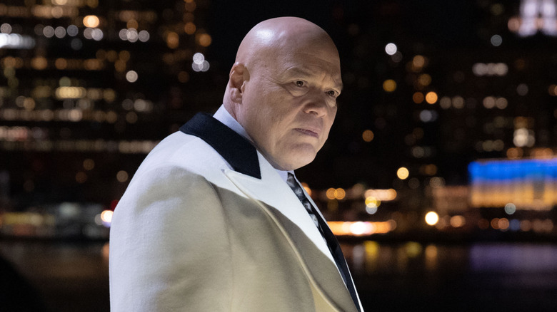 Wilson Fisk wearing white and looking intense on Daredevil: Born Again