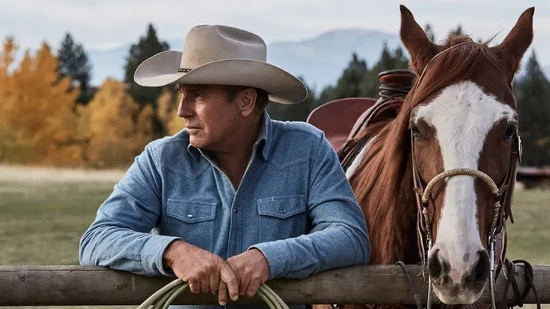 John Dutton with a horse and a rope in "Yellowstone"