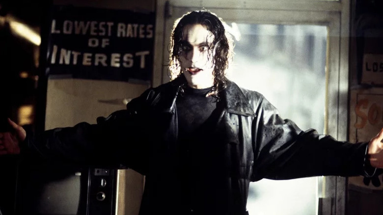 Eric Draven wearing white makeup and a leather jacket in The Crow