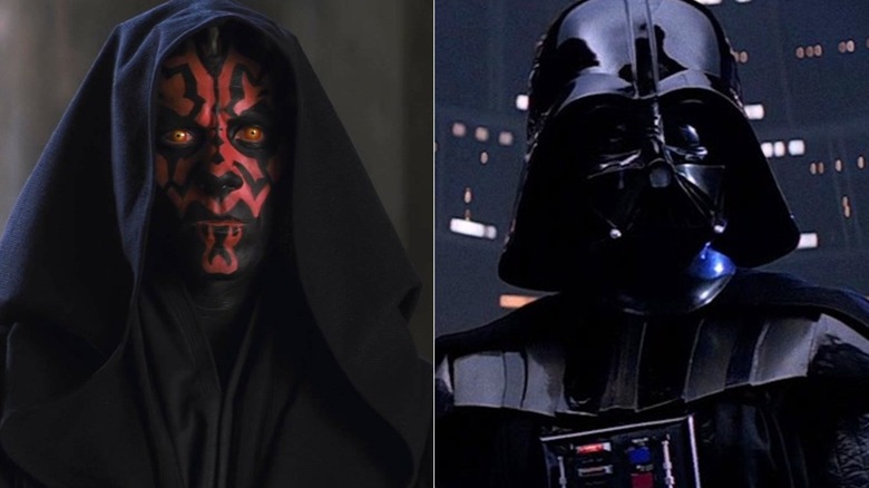 Darth Maul wearing a cloak in Star Wars: The Phantom Menace and Darth Vader standing on a bride in Star Wars: The Empire Strikes Back