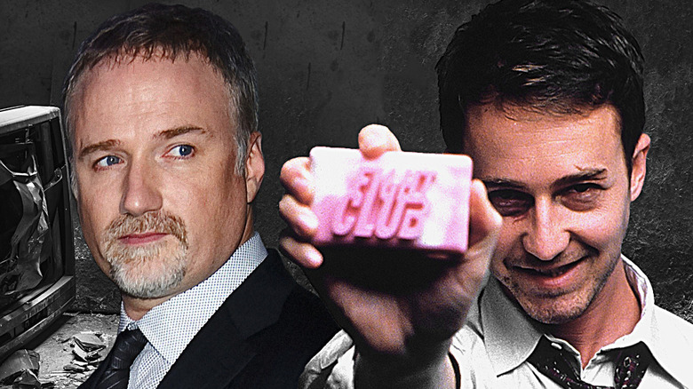 David Fincher next to The Narrator with Fight Club soap