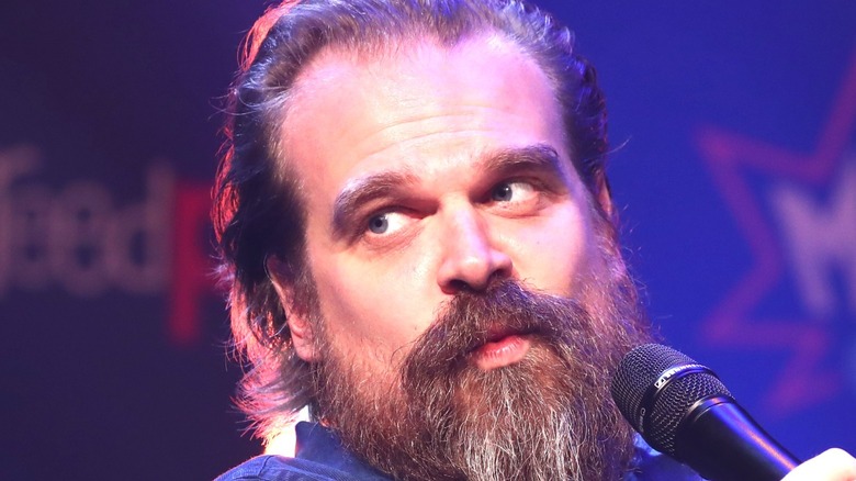 David Harbour speaking into microphone