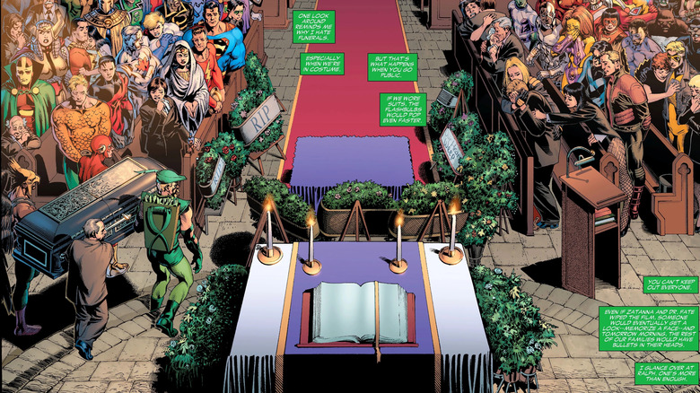 Dozens of superheroes standing in church pews as the pallbearers bring in the coffin at Sue Dibney's funeral