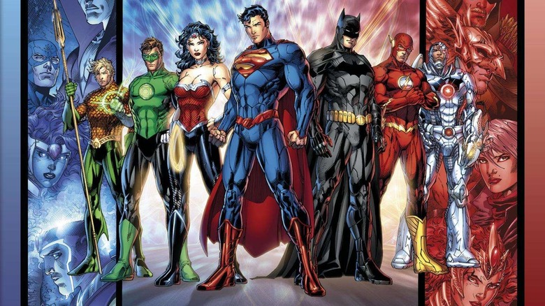 A cover depicting the New 52-era Justice League: Aqua Man, Green Lantern, Wonder Woman, Superman, Batman, The Flash, and Cyborg