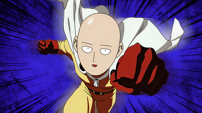Saitama flying with his fist toward the camera in One Punch Man (2015-present)