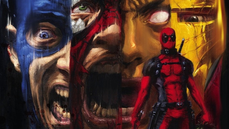 Deadpool in front of screaming faces of Captain America, Spider-Man, Storm, and Iron Man