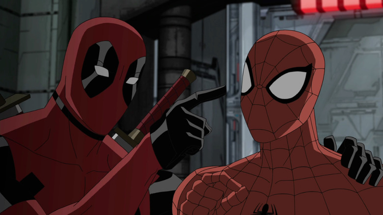 Deadpool points at Spider-Man
