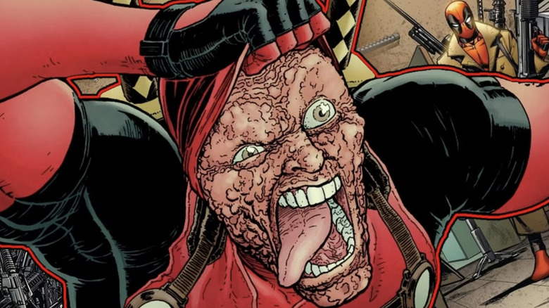 Deadpool pulls up his mask to reveal his scarred face while wagging his tongue wildly