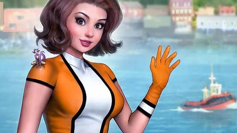 Doom Patrol character waving in front of harbor