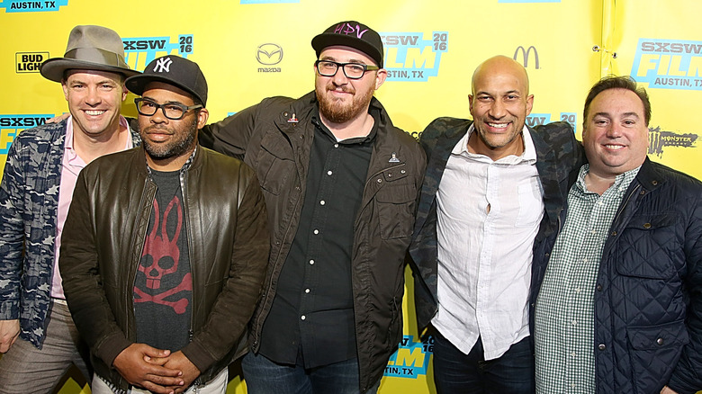 Joel Zadak, Jordan Peele, Peter Alencio, Keegan-Michael Key, and Peter Principato posing together at "Keanu" premiere (2016)