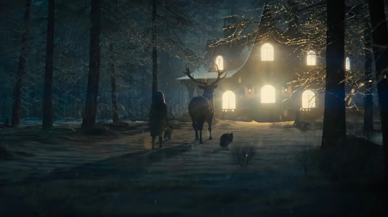 Young Margaret with animals approaching a glowing house in Disclosure Day