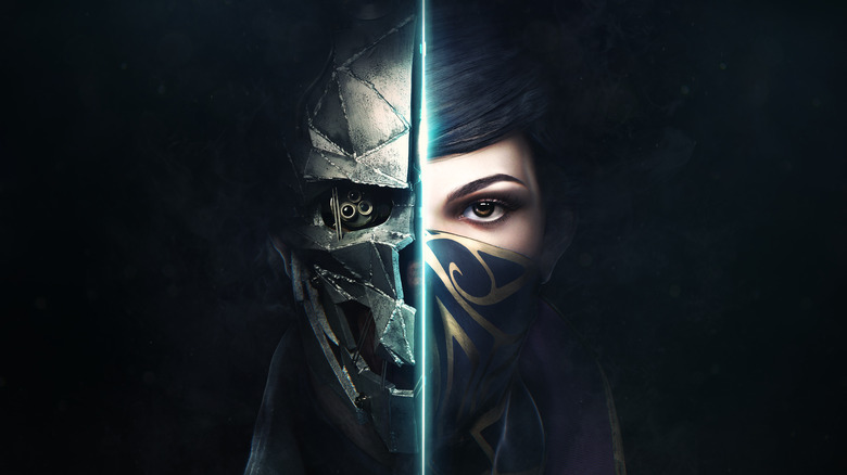 Blade separating face and mask in Dishonored promo art