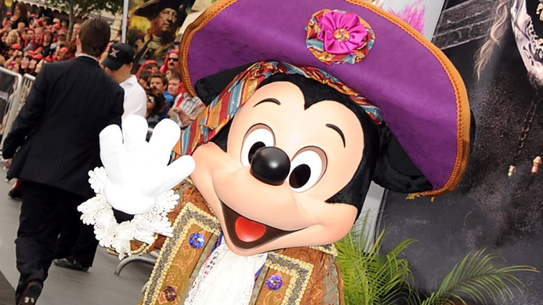 Mickey Mouse at the premiere of a Pirates of the Caribbean movie at Disneyland