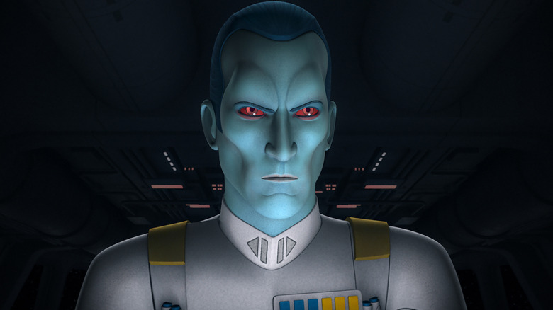 Grand Admiral Thrawn glaring in the dark in Star Wars Rebels