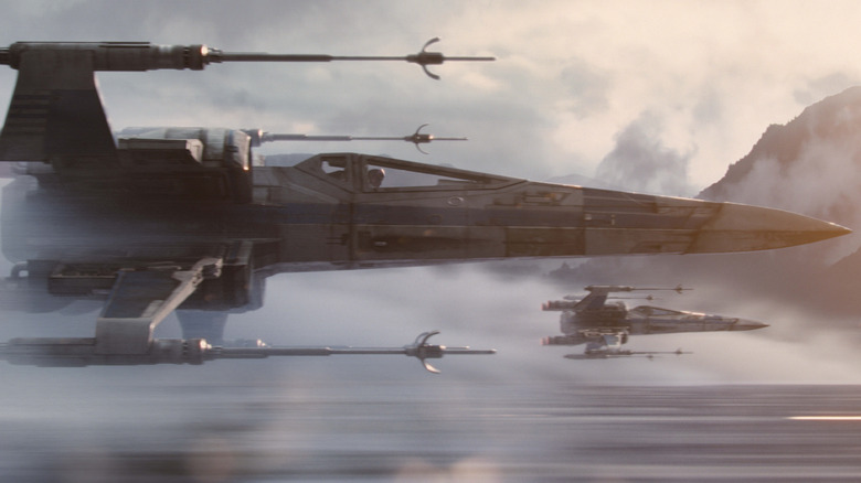 X-wings flying low over a lake in Star Wars: The Force Awakens