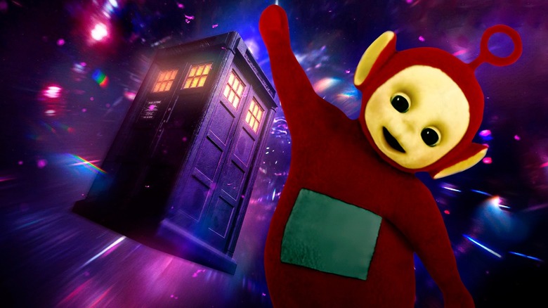 Po waving beside the TARDIS