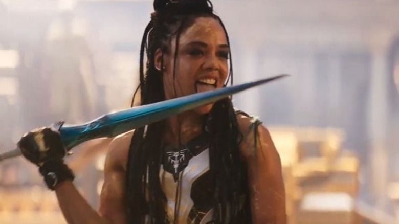 Valkyrie licking her blade in battle