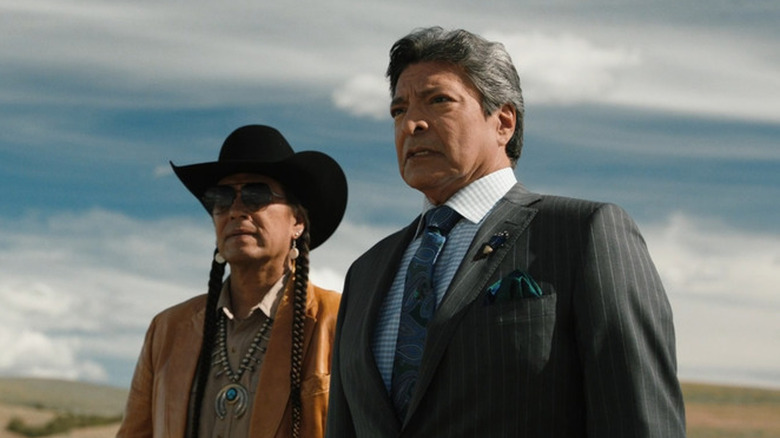 Mo and Thomas Rainwater standing next to each other on "Yellowstone."