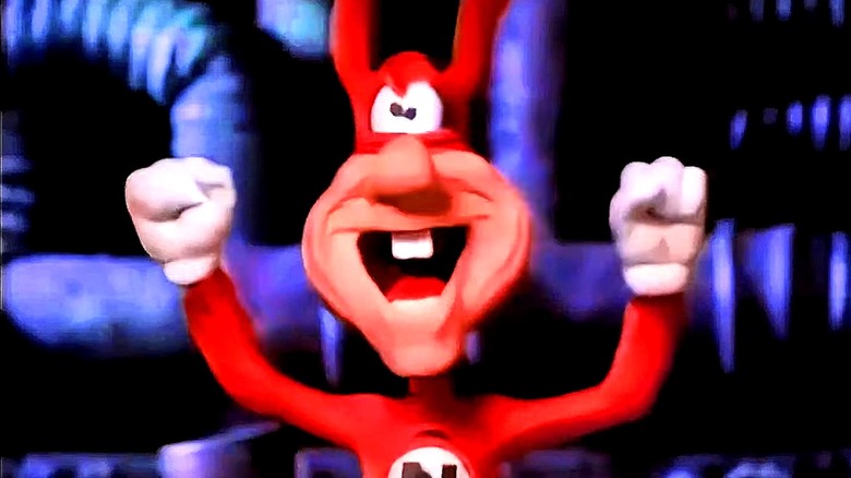 The Noid smiling and laughing crazily