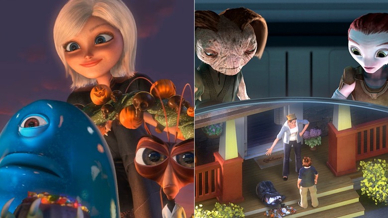 Susan and her monster friends in Monsters vs. Aliens (left), aliens look down on Milo and his mom in Mars Needs Moms (right)