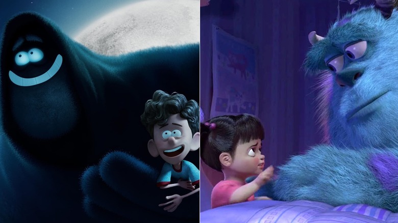 Dark carries Orion in Orion and the Dark (left), Boo touches Sulley's hand in Monsters, Inc. (right)
