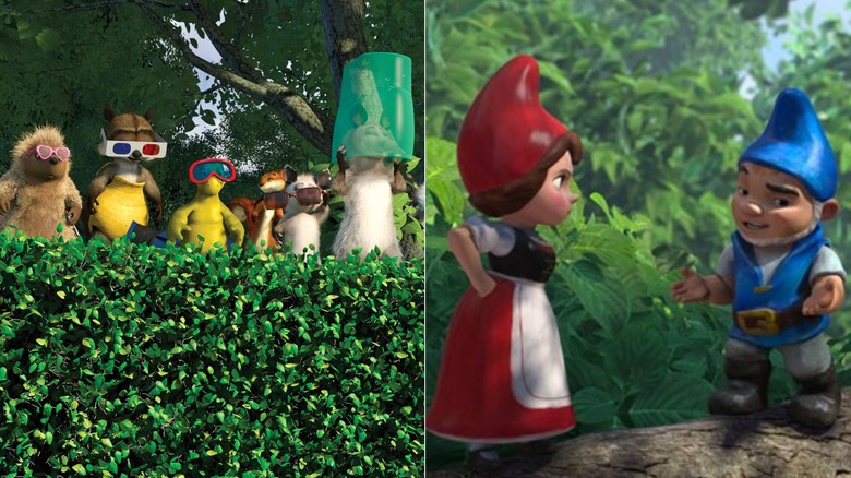 Animals standing on a hedge in Over the Hedge (left),J Gnomeo talks to Juliet in Gnomeo & Juliet (right)