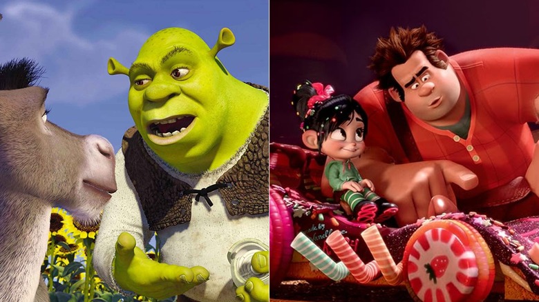Shrek talking to Donkey in Shrek (left), Ralph talking to Vanellope in Wreck-It Ralph (right)