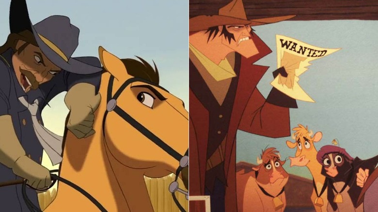 Colonel riding Spirit in Spirit: Stallion of the Cimarron (left), a man crumples a wanted poster in Home on the Range (right)
