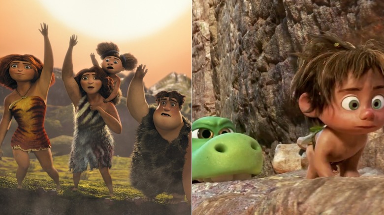 The family from The Croods (left), Arlo and Spot from The Good Dinosaur (right)