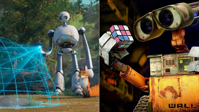 Roz scanning in The Wild Robot (left), Wall-E looks at a Rubik's Cube in Wall-E (right)