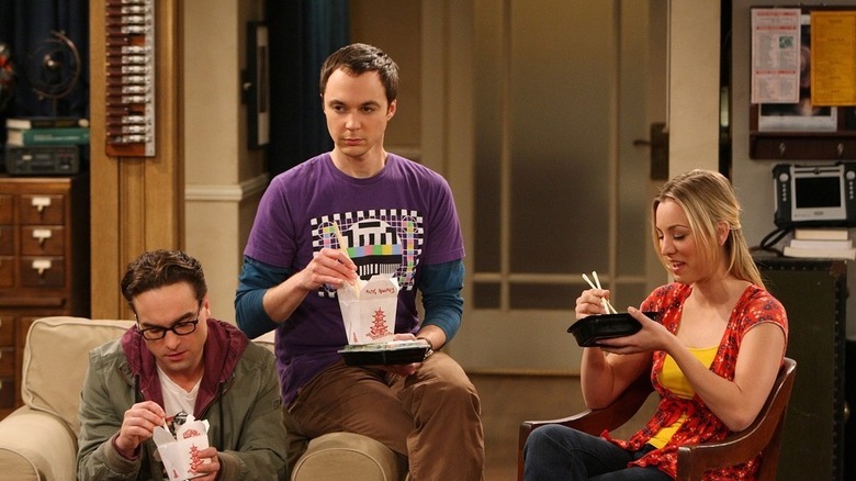 Leonard Sheldon and Penny eating Chinese food on The Big Bang Theory