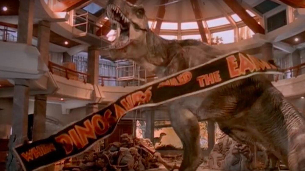 T-rex with banner, Jurassic Park