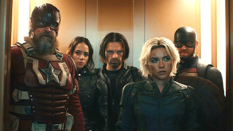 Red Guardian, Ghost, Bucky, Yelena, and U.S. Agent in an elevator in Thunderbolts* (2025)