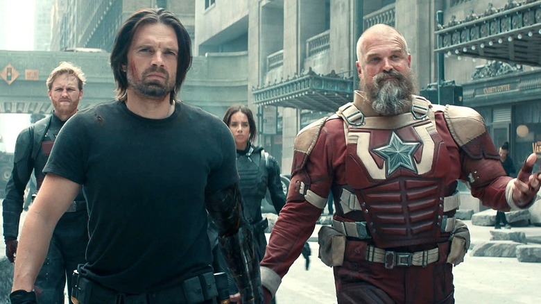 U.S. Agent, Bucky Barnes, Ghost, and Red Guardian in New York street in Thunderbolts* (2025)