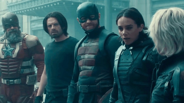 Red Guardian, Bucky, U.S. Agent, Ghost, and Yelena lined up in Thunderbolts* (2025)