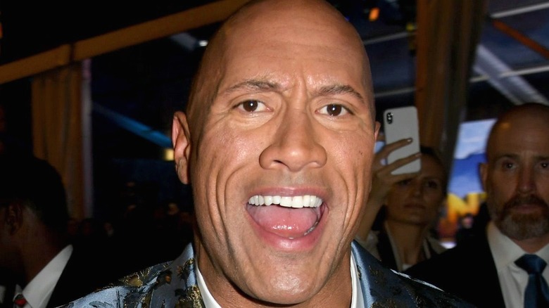 Dwayne Johnson with mouth open at Jumanji premiere