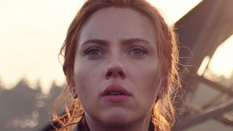 Scarlett Johansson Black widow staring curious